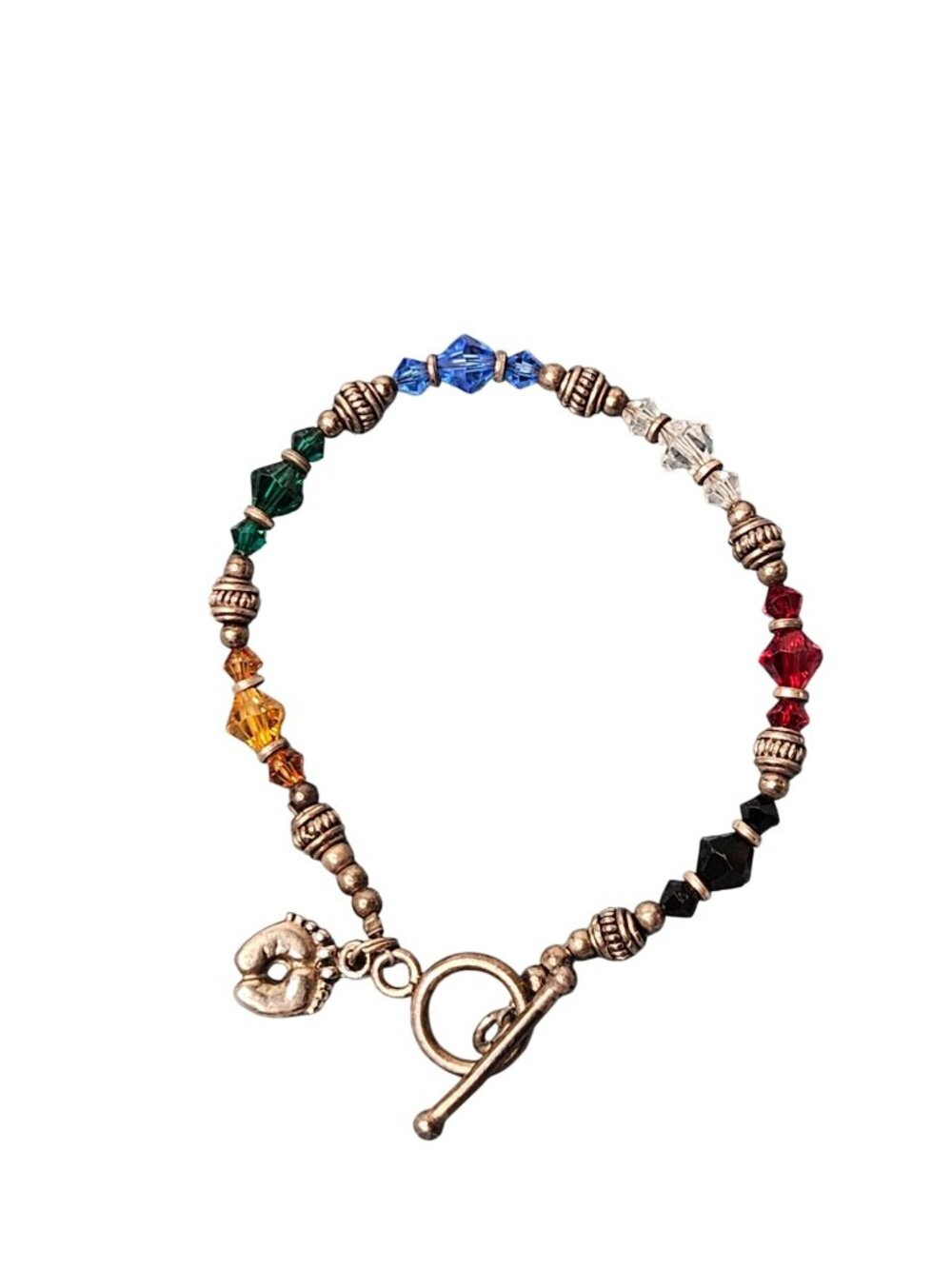 Artisan Multicolor Glass Beaded Bracelet Silvertone Baby Feet Charm 6.5 inches